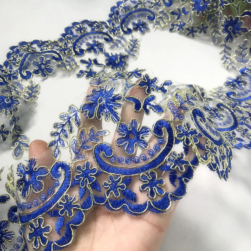 1Y 15CM Wide Embroidered Blue Flower Lace Ribbon Trims for Home Textiles Sofa Covers Trimmings Mesh Applique Sewing Lace Fabric