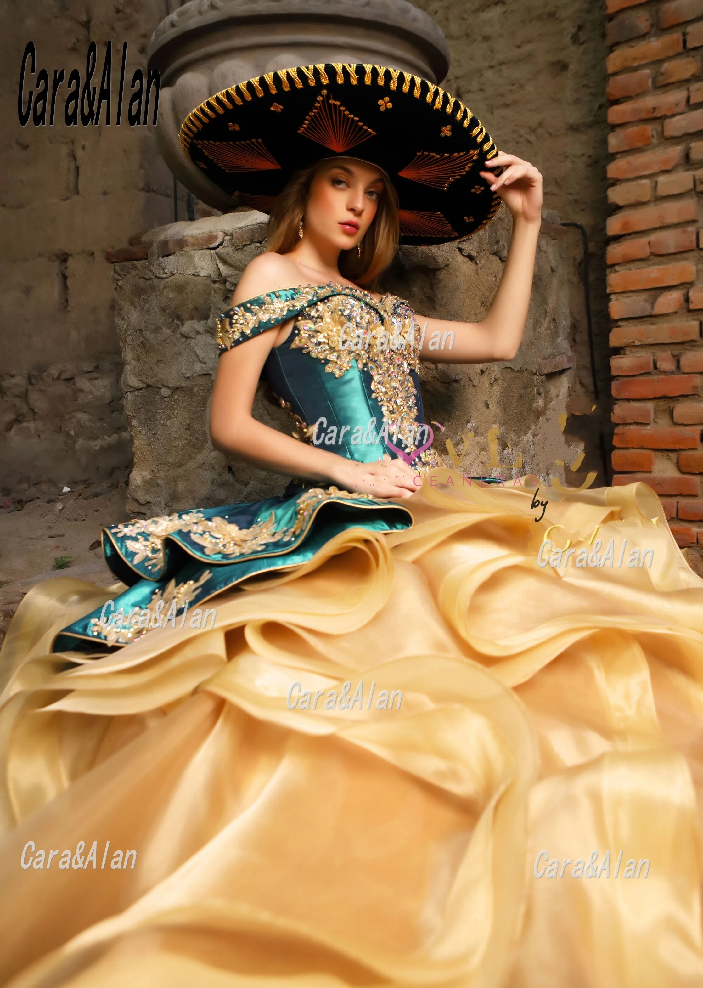 Vestidos De Quinceañera De oro mexicana, apliques De cuentas con hombros descubiertos, Charro, 15 Años, Organza, con volantes, 16 Vestidos