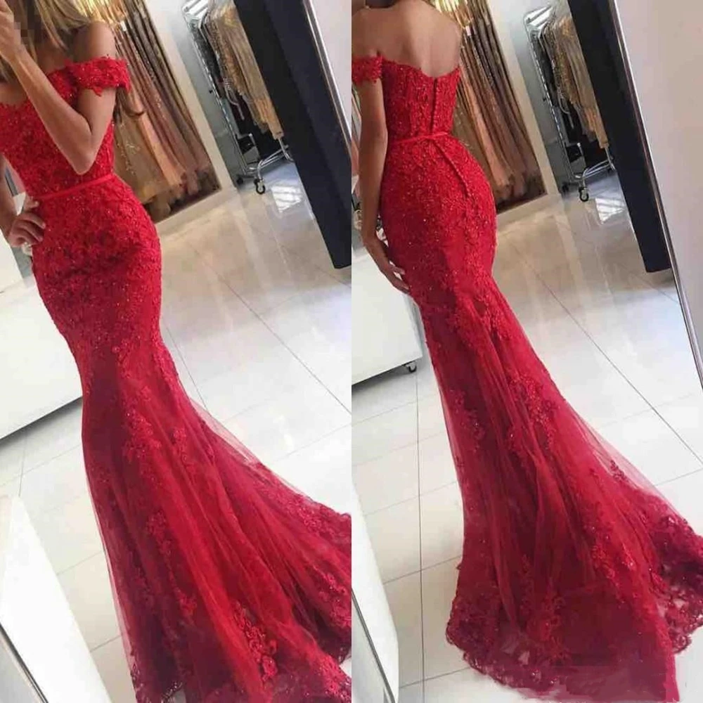 2020 Red Lace Mermaid Prom Dresses veatidos off Shoulder Beaded Appliques Tulle Floor Length Long Evening Occasion Party Gowns