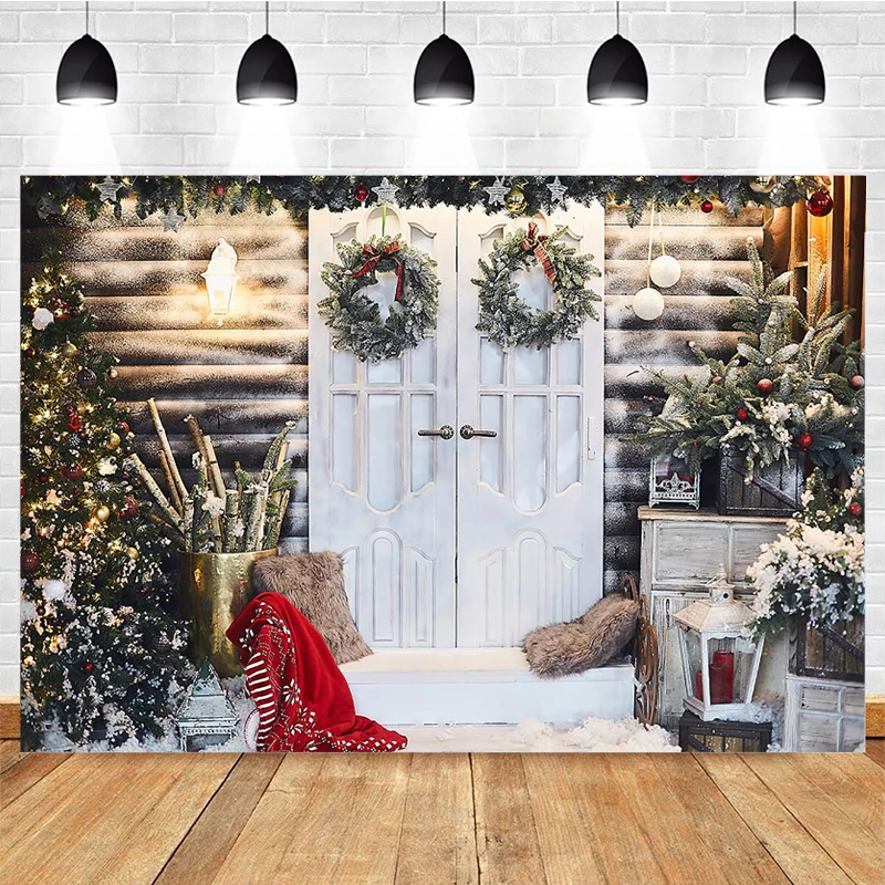 Mocsicka Winter Weihnachten Fotografie Hintergrund Holz Tür Girlande Kissen Dekoration Requisiten Kind Porträt Hintergrund Studio