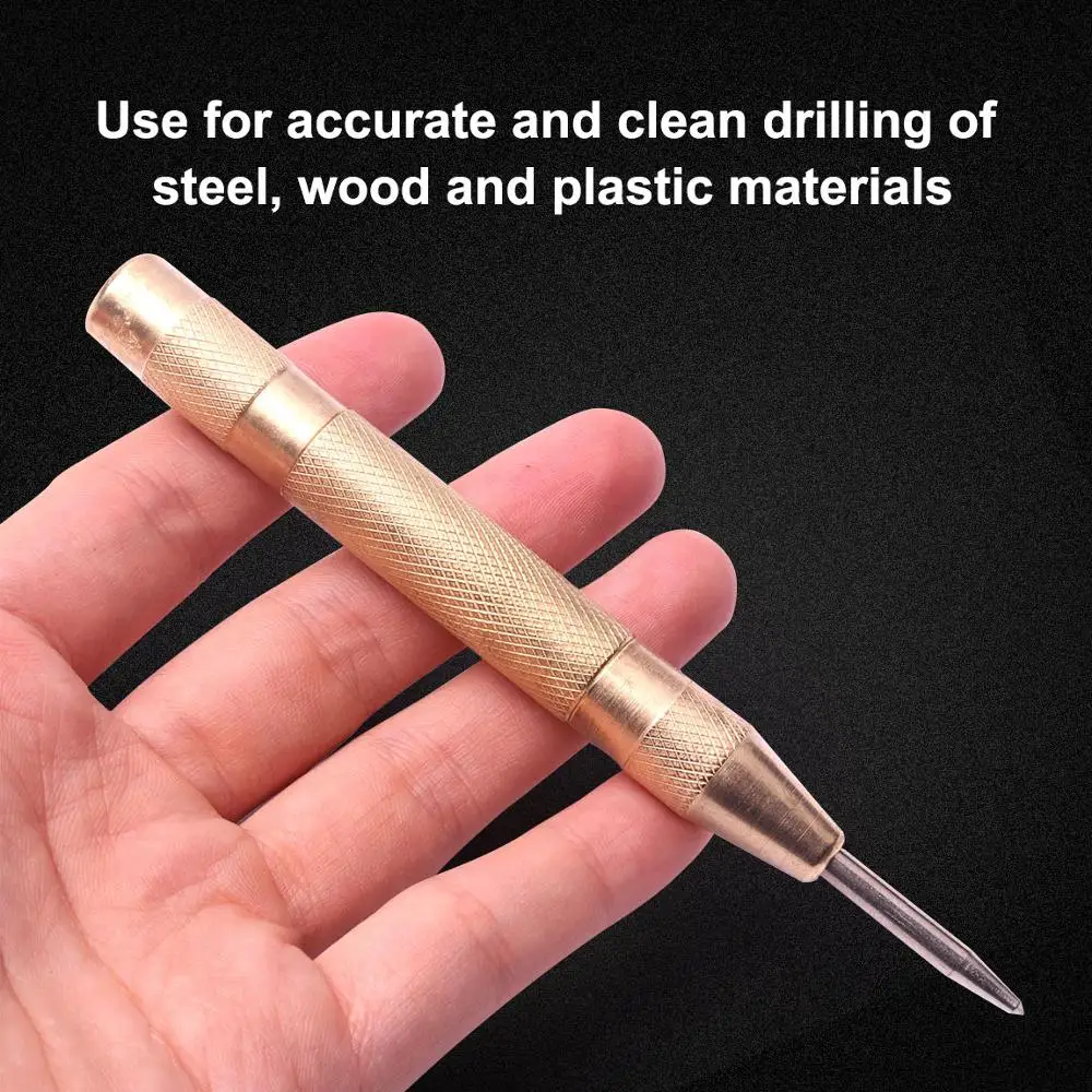 1Pcs HSS 5 Inch Automatic Center Pin Punch Spring Loaded Starting Hole Tool Gold With Brass Body Chisel Woodwork Tool Drill Bit