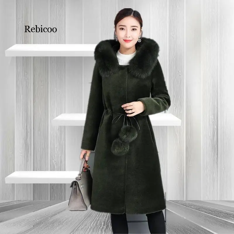 ฤดูหนาวสำหรับผู้หญิงใหม่มิงค์ขนเสื้อแฟชั่นสีทึบ Hooded Fur Collar Slim Jacket สุภาพสตรี Faux Fur Coat