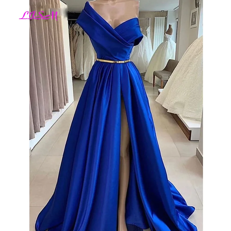 Elegante vestido De fiesta largo De satén con un hombro al aire, traje De fiesta Formal con corte en A, con abertura alta, color azul real