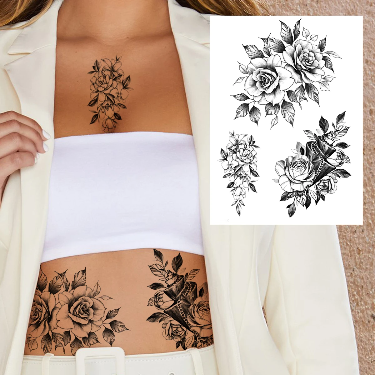 Tatouage temporaire en forme de fleur, tête de mort, pour femmes, filles, grand autocollant de pivoine, faux nœud papillon, noir, front