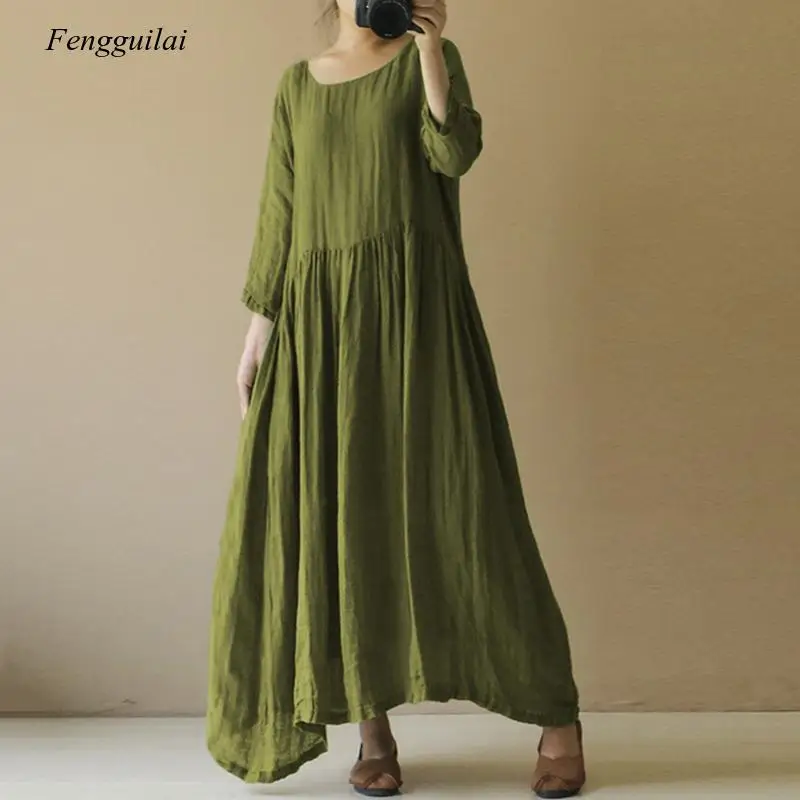 Women Vintage Maxi Dress 2021 Spring Summer Long Sleeve Casual Loose Long Shirt Dresses Pleated   Vestidos