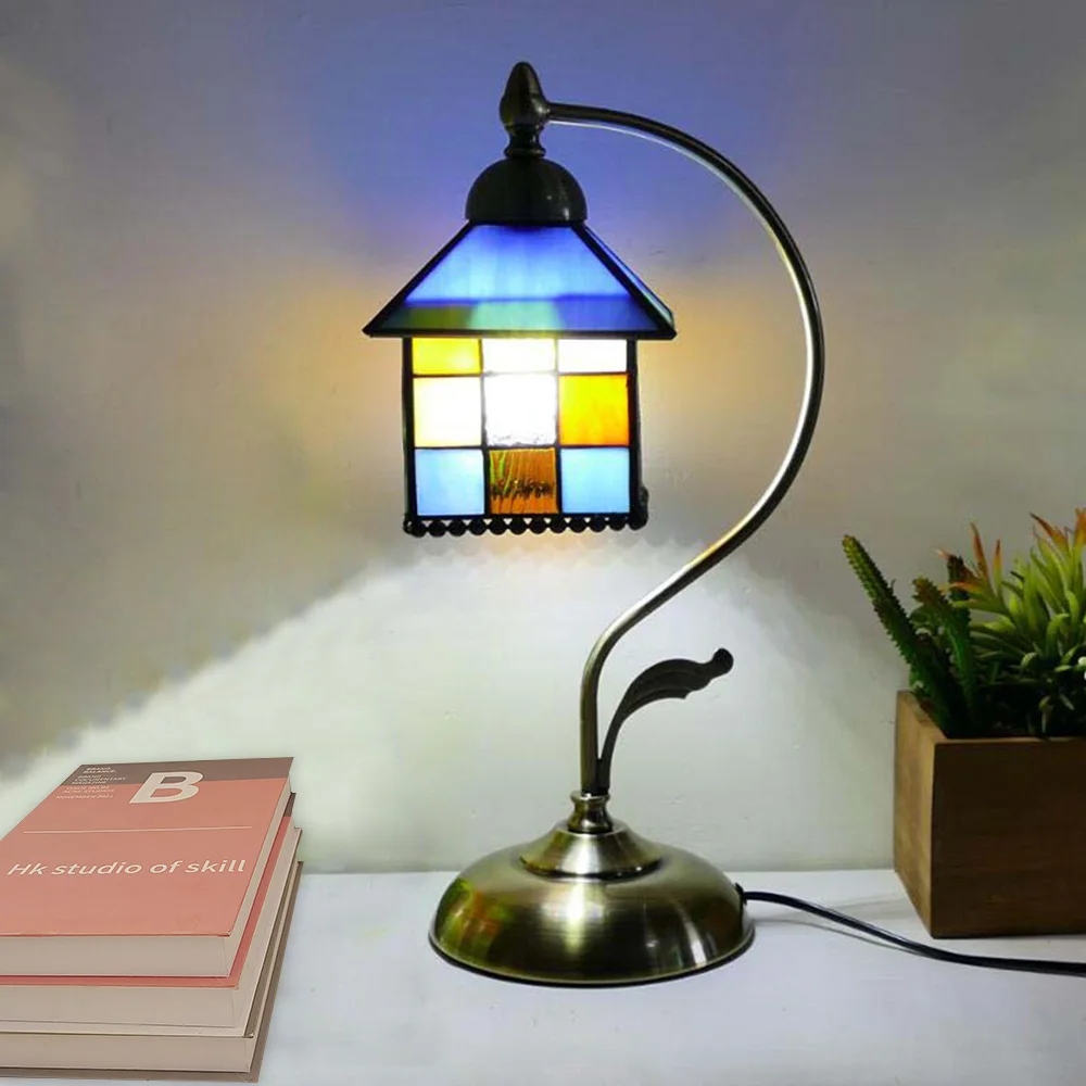 

American Table Lamp Art Creative Stained Glass Lampshade Mediterranean Style E27 Bedside Lamp Study Retro Warm Color Table Lamp