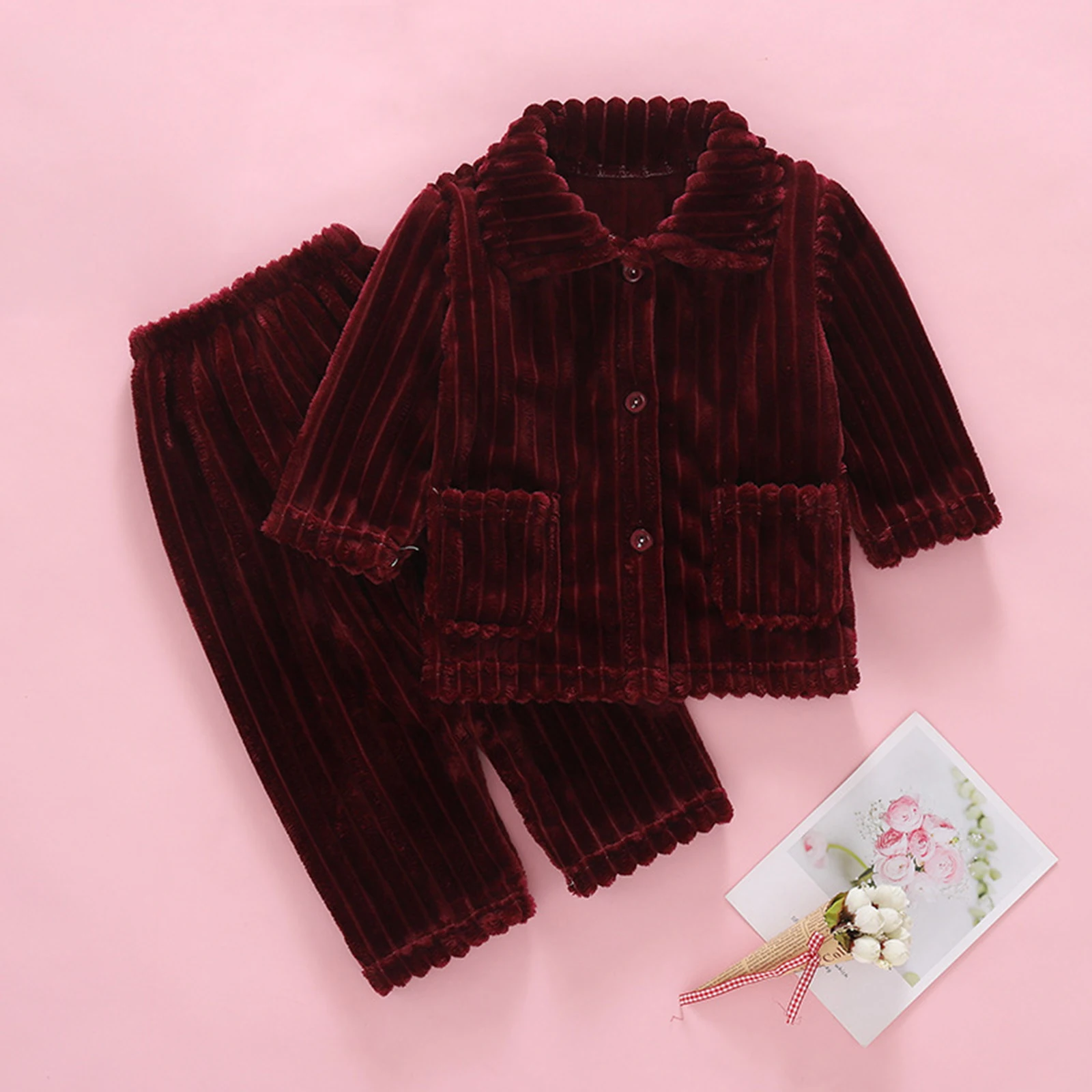 2Pcs Kids Warm Thicken Flannel Pajamas Set Lapel Long Sleeve Button Down Tops with Pants Suit Casual Kids Homewear Sleepwear