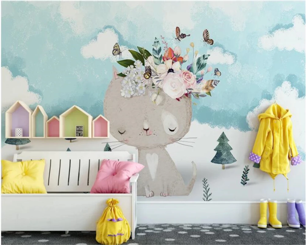 

beibehang Custom children room background wall 3d wallpaper cartoon kitten flower butterfly Photo 3d wallpaper mural