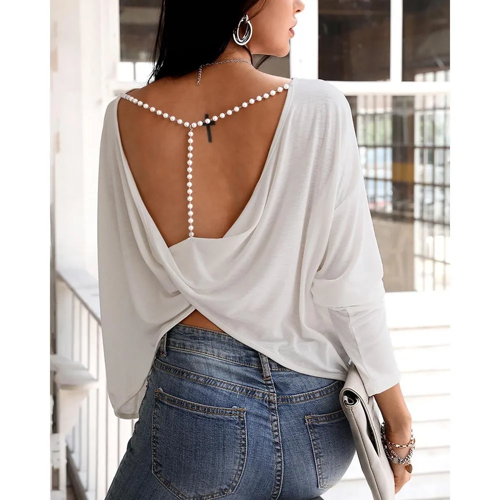 Tees Women Open Back Long Sleeve Beads Strap Top Fashion Solid Backless Elegant Ladies Twisted Tops Autumn Spring T-shirt