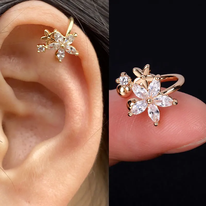 Brincos de clipe de orelha em cristal, elegantes flores, folhas, arco-íris, punhos para mulheres, envoltório, sem piercing, joias de casamento, 1