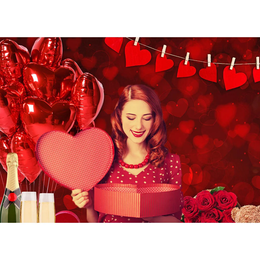 Red Bokeh Valentine's Day Backdrop Rose Love Balloons Bear Toys Portrait Photography Gift Champagne Wedding Background Photocall