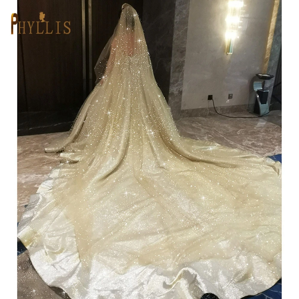 B58 White Champagne Wedding Veil Bling Bridal Veils Long 3M / 5M Veil Cathedral Bride Veils One Layer Shiny Veil with Comb