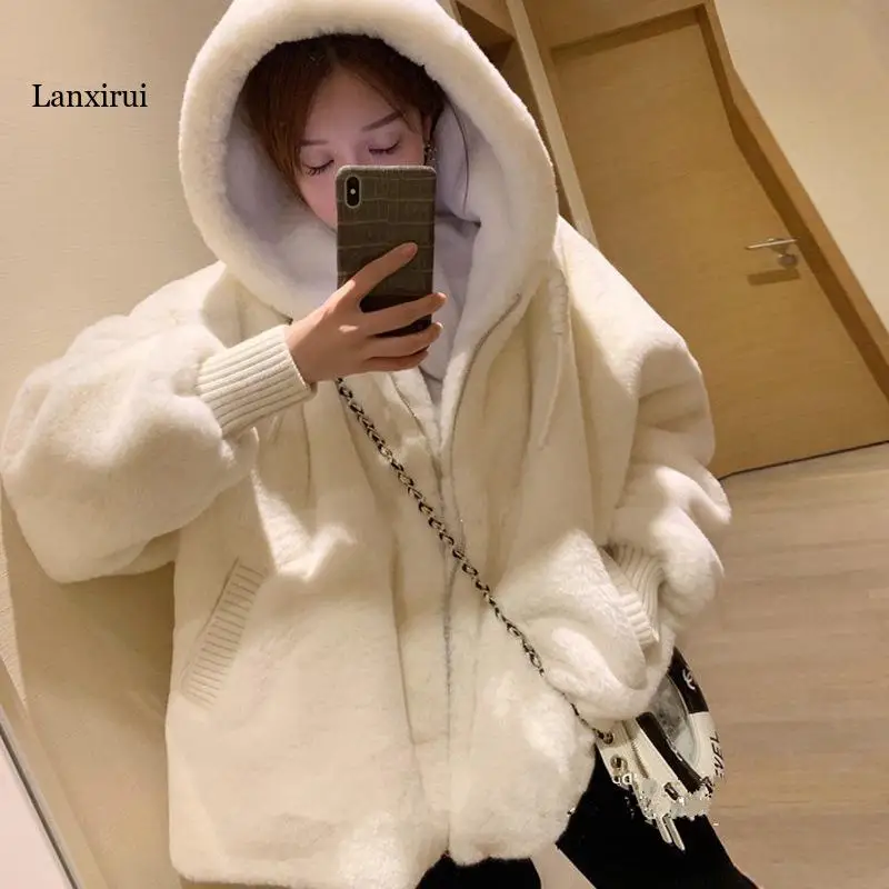 Autumn Winter Loose Hooded Plush Jacket Large Size Imitation Rabbit Fur Coat Youth Student White Zipper Plush Jacket Cardigan