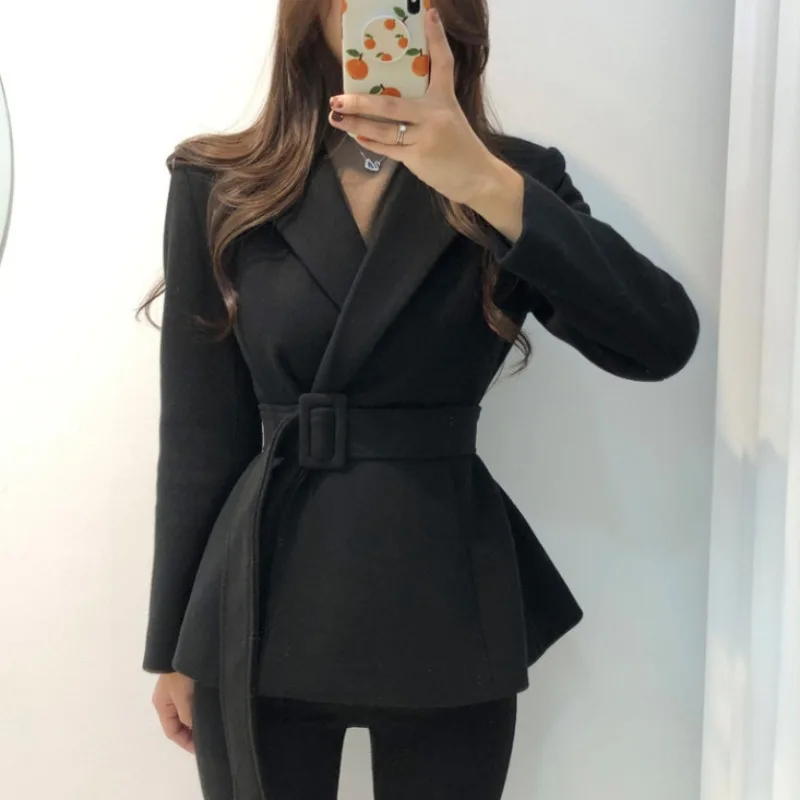 Casual Woman Solid Loose Belt Woolen Suit Jacket 2021 Fashion Ladies Autumn Long Sleeve Thick Blouse Coat Office Female Outwear