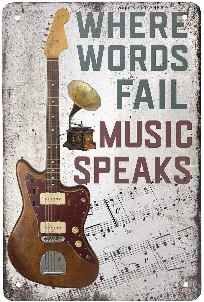 ANJOOY Vintage Metal Guitar Tin Sign - Where Words Fail Music Speaks -Musical Bar Pub Cafe Wall Kitchen Bathroo Poster Karaoke