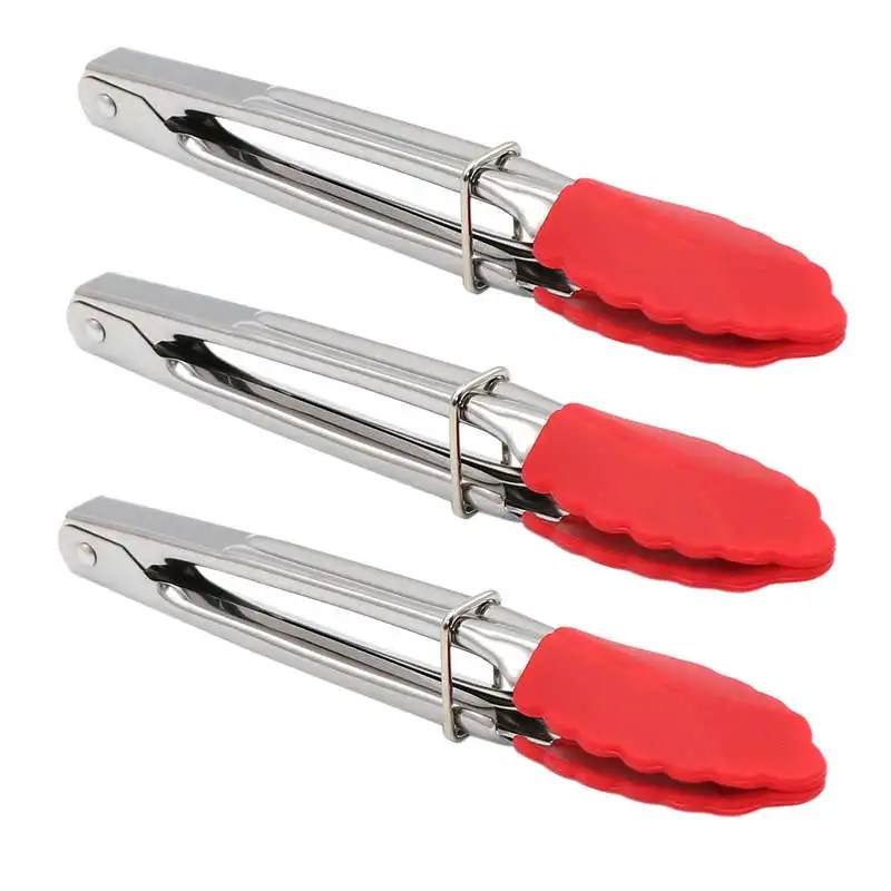 Pinzas pequeñas con puntas de silicona de 7 pulgadas para cocina, Juego de 3, perfectas para servir alimentos, cocinar, ensalada, asar a la parrilla, Color Rojo