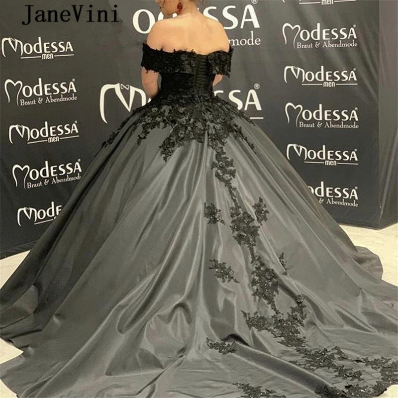 JaneVini-vestido de baile de cetim frisado com ombro, vestidos longos Quinceanera, árabe, vintage, preto, concurso, 2020