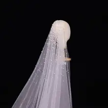 Long Pearl Beaded Wedding Veil with Comb #5