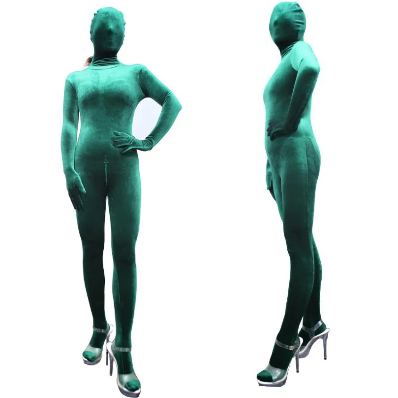 Unisex Elastic Velvet One Piece Tights Full Coat Zentai Separate Fingers Long Sleeve Zipper Open Crotch Bodysuit Winter Jumpsuit