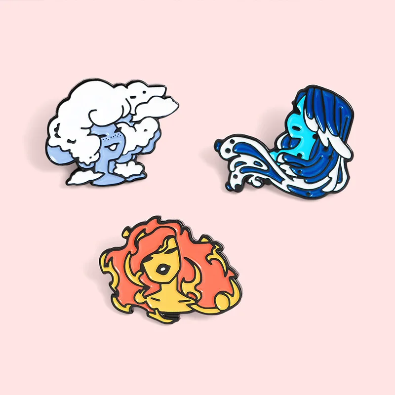 Ocean Wave Water Cloud Fire Girl Enamel Pins Fire Power Lapel Pin Magic Badges Witch Jewelry Women Brooches Jewelry wholesale