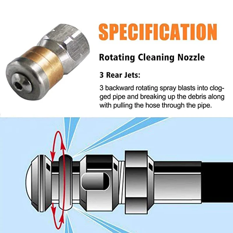 Ferret Pipeline Pipe Cleaning Cable Stainless Steel Rotating Drain Blaster Cleaning Nozzle Sewer Jetter Nozzle Pressure Washer