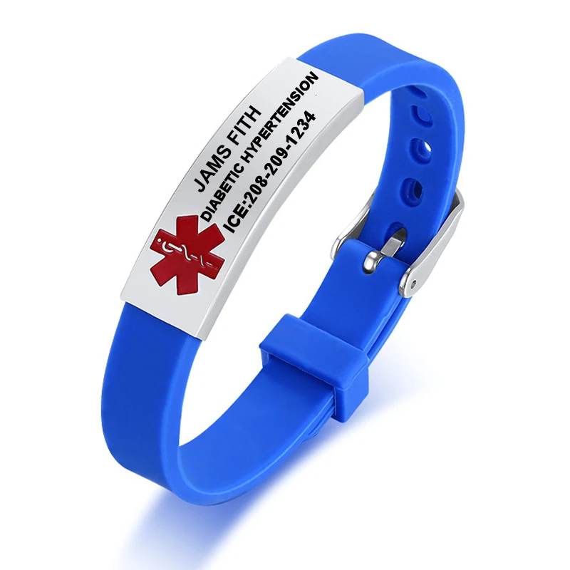 Medical Alert ID Bracelet for Men Women Personalized Diabete ICE Silicone Wristband Type 2 Custom Engraved