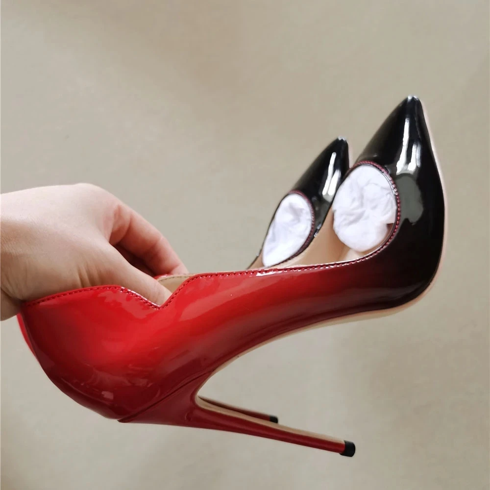 Veowalk Gradient Color Women Sexy Curl Cut Glossy Patent Pointy Toe Stiletto Pumps 12cm High Heel Ladies Fashion Dress Shoes