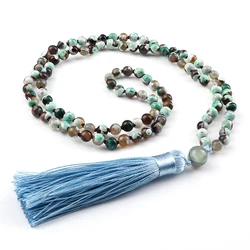 Vintage Bohemian Green Fire Agates Necklaces for Women Men 108 Mala Beads Natural Stone Long Tassel Necklaces Friendship Jewelry