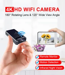 4K Wifi Mini Camera Rotate 180 Degrees Wireless Smart Home HD Camcorder Night Vision DVR Motion Detection Small Video Cameras IP