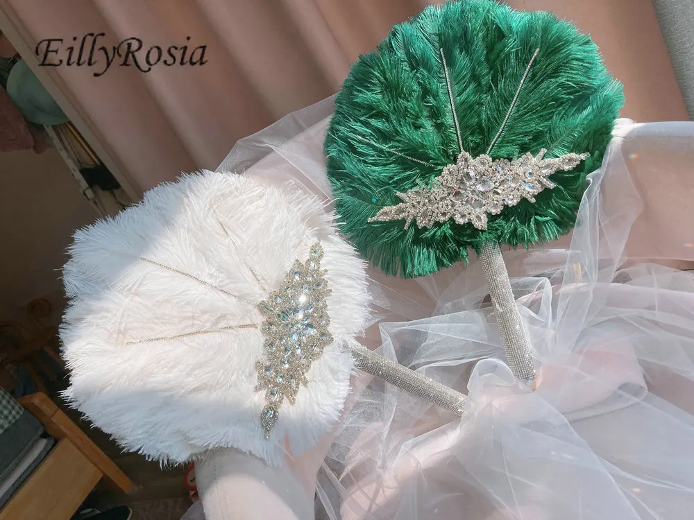 Ellyrosia branco casamento pena fã avestruz alternativa broche bouquet noiva personalizado cor grande gatsby 1920s fã bouquet