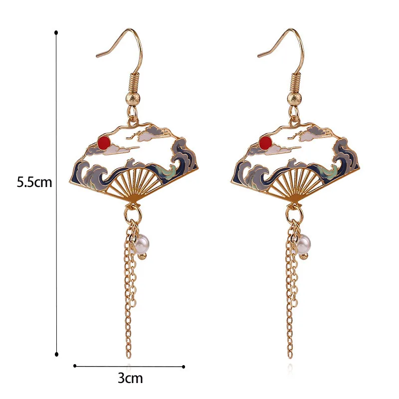 Chinese Style Folding Fan Crane Carp Lotus Asymmetrical Long Tassel Dangle National Style Earrings for Women Jewelry Gift