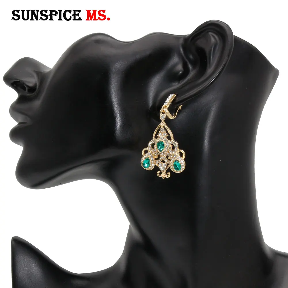 Sunspicems Ethnic Morocco Wedding Earring Gold Color Full Rhinestone for Women DuBai Bridal Jewelry Hook Dangle Ear Pendants