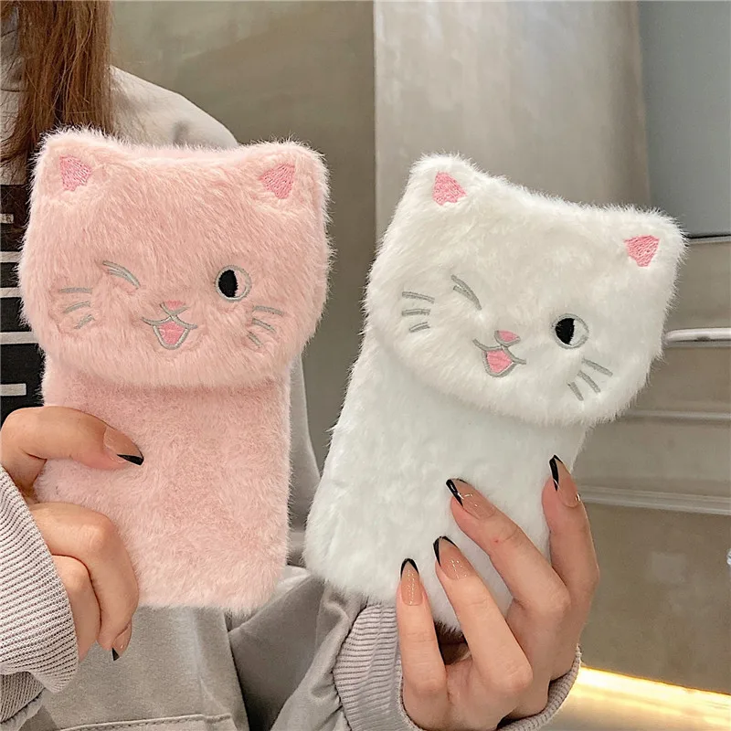 3D Embroidery Cat Warm Plush Soft Phone Case For Xiaomi Redmi Note 10S Case 10 9 8 7 6 10T 9T 8T 9S 9A 9C 8A 7A Back Cover Stand