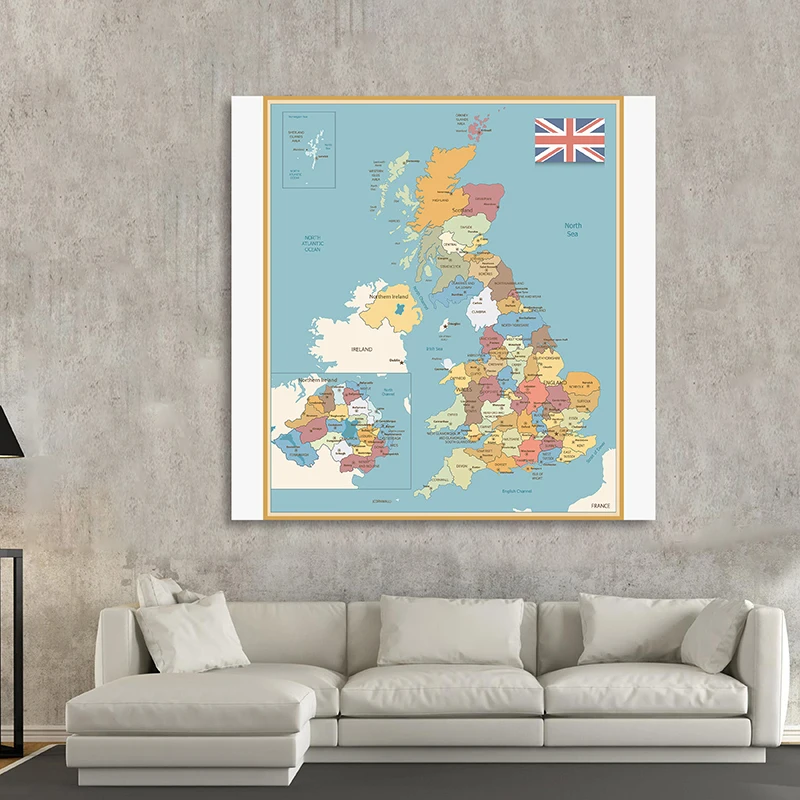 60/90/150cm Non-woven United Kingdom Map Wall Art Canvas Classic Edition World Wall Maps Painting for Education Office Supplies