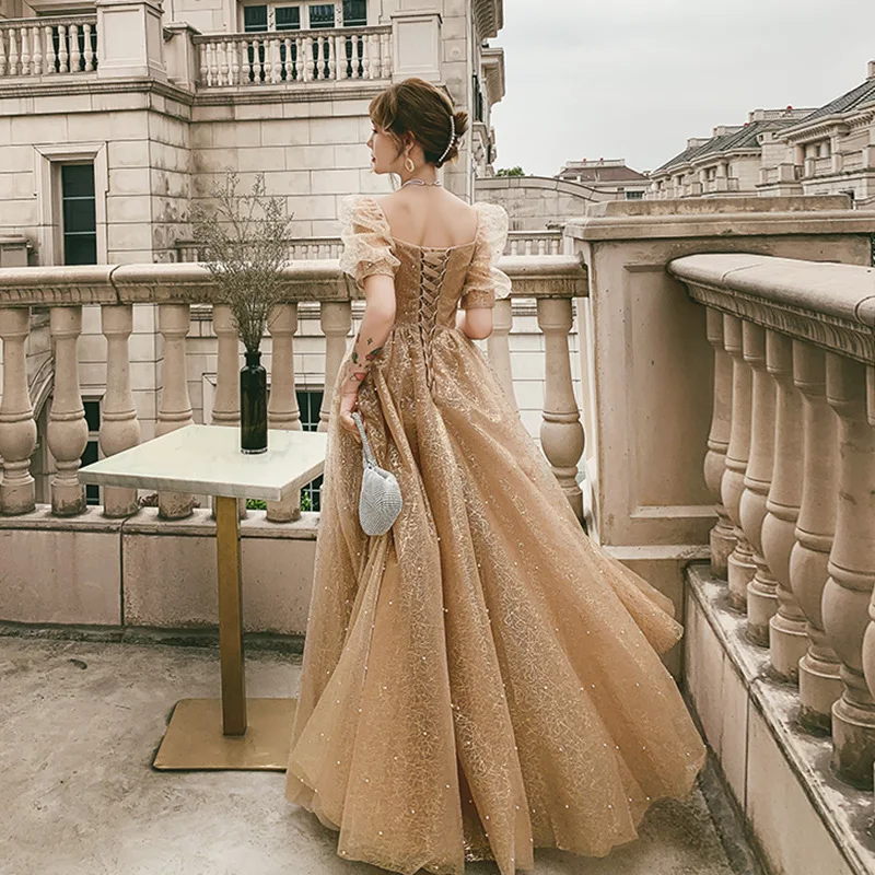 Robe trapèze à manches bouffantes pour femmes, robes de célébrité élégantes, broderie de perles à lacets, robe de reconstitution historique gracieuse, robe de banquet