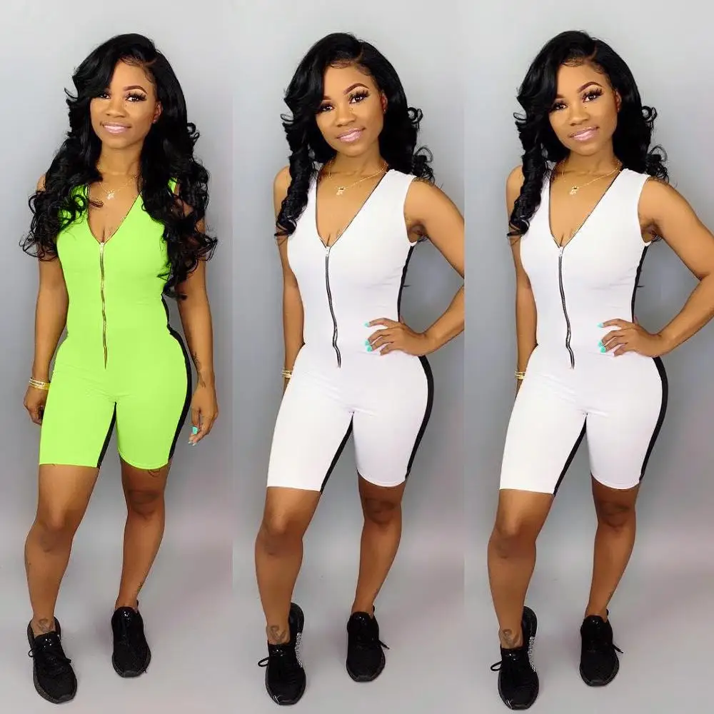 Bkld Wanita Fashion Patchwork Rompers Jumpsuit Musim Panas 2019 Clubwear Sexy Deep V-Leher Zipper Tanpa Lengan Wanita Pinggang Tinggi Romper