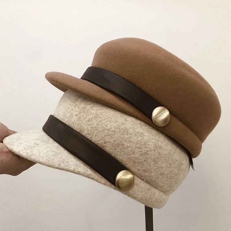 Gorro de fieltro de lana para mujer, boina con visera, gorro Newsboy, Beige, negro, Camel, informal, plano, invierno