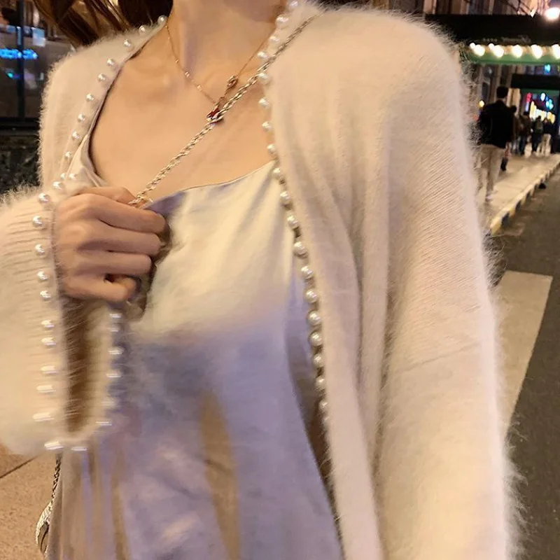 Chic Fashion Fall Winter Mohair Knitted Long Cardigan Coats Elegant Women Soft Warm Mink Cashmere Pearl Beading Loose Outerwear