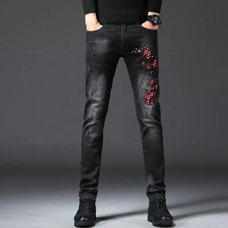 Korea Version Men’s High Quality Noble Black Jeans,Slim Stretch Jeans,Light Luxury Embroidery Jeans, Stylish Sexy Street Jeans;