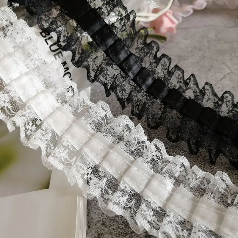 Luolita Dress Decor Lace Ribbon 45mm Wide DIY Crafts White Sewing Fabric Pleated Black Needlework Accessories Handmade By Meter