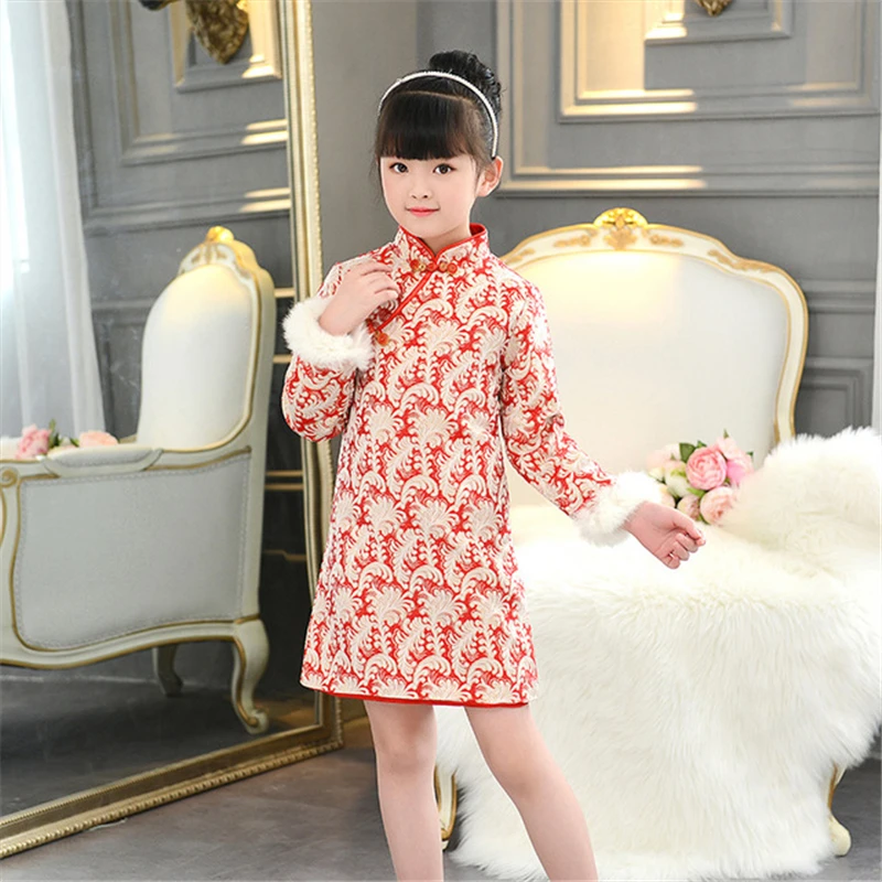 

Tang suit dress autumn and winter cheongsam Chinese style girls hot selling children thick red new year clothes vestido chines