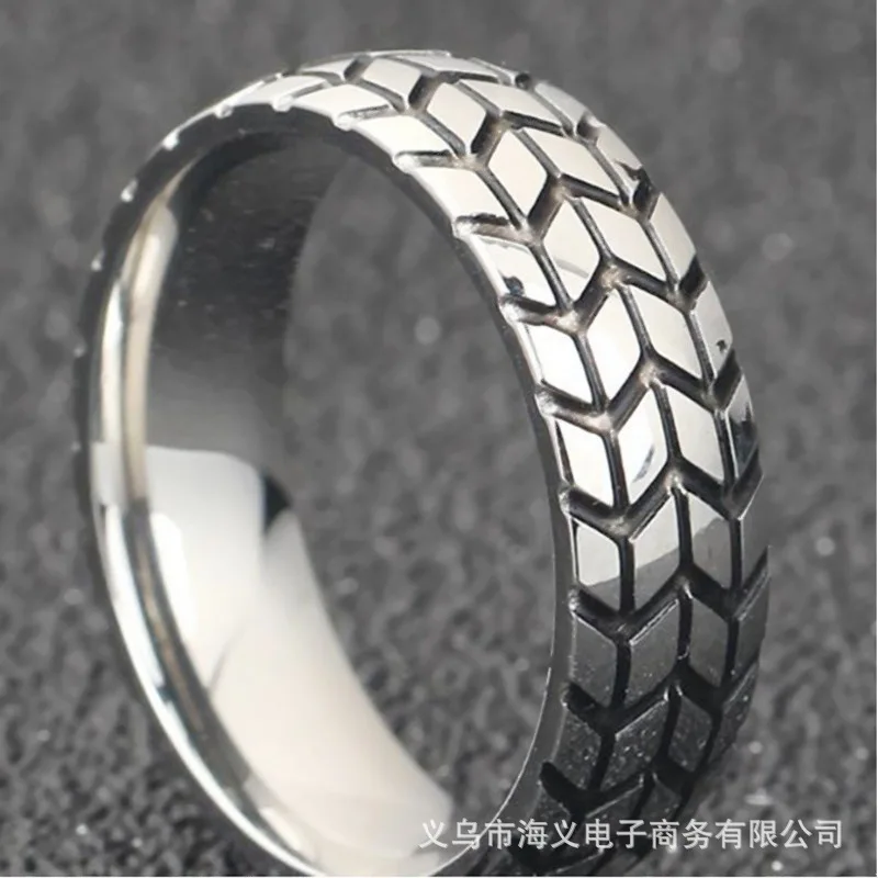 Personalized Punk 3D Carving Tire Ring Fashion Domineering Men\'s Silver Color Ring Trend Men\'s Hip Hop Motorcycle Party Jewelry