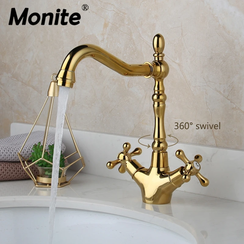 Monite Golden Polish Kitchen Faucet Basin Vessel Rotated Dual Handles Swivel Gold Plated Deck Mounted Mixer Water Tap Faucet