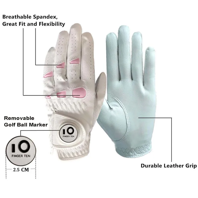 2 Pack or 1 Pair Cabretta Leather Womens Golf Gloves with Ball Marker Left Right Hand Extra Grip Ladies Sizes S M L XL