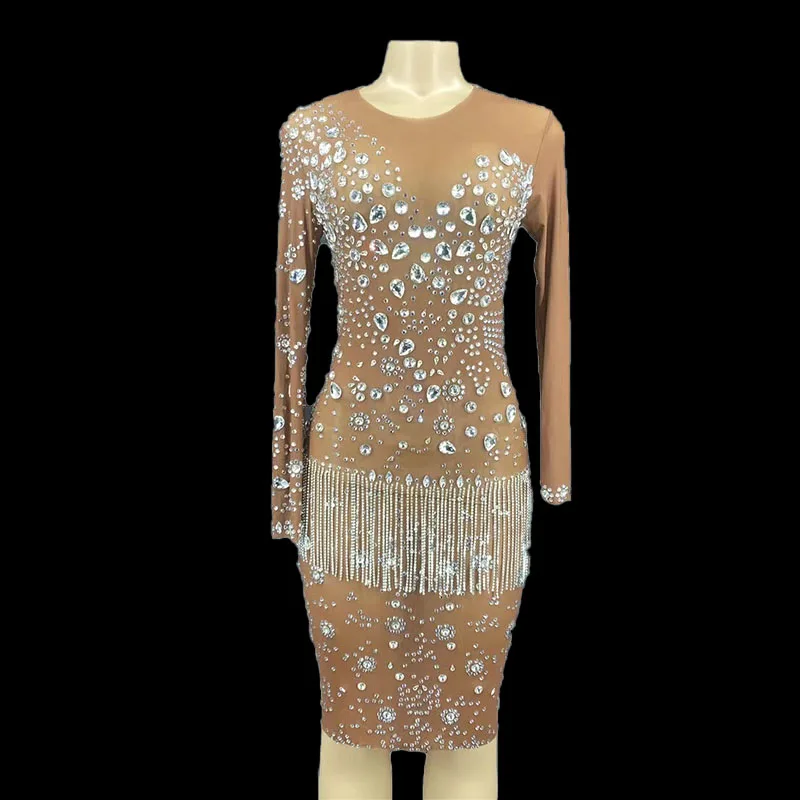 

Sparkly Silver Rhinestone Fringe Transparent Bodysuit Women Dancer Show Celebrate Outfit Prom Bar Birthday Outfit