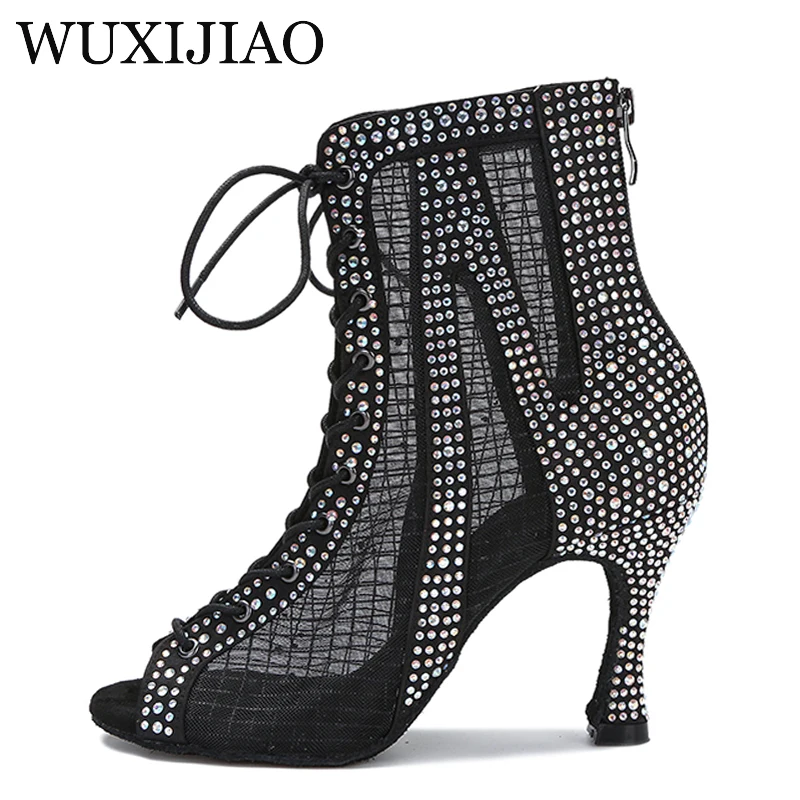 Design professional dance boots belly dance Latin jazz pole salsa shoes shiny hollow mesh lace-up female high boots