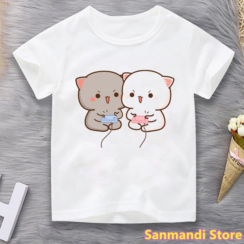 Peach Cat Love Donuts Cartoon Print Tshirt Girls/Boys Kids Clothes Birthday Gift Tops For Girl/Boys Children Clothing T-Shirt