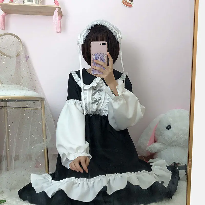 Vestido de lolita japonês fofo, lindo, kawaii, meninas, op, princesa, vintage, com babados, feminino, gótico, manga comprida, vestido de festa preto