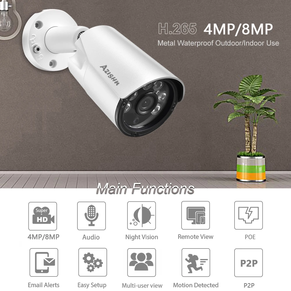 AZISHN 8MP 4K IP Camera POE H.265+ Metal Outdoor IP66 Motion Detection bullet CCTV Night Vision 4MP Video Surveillance Camera