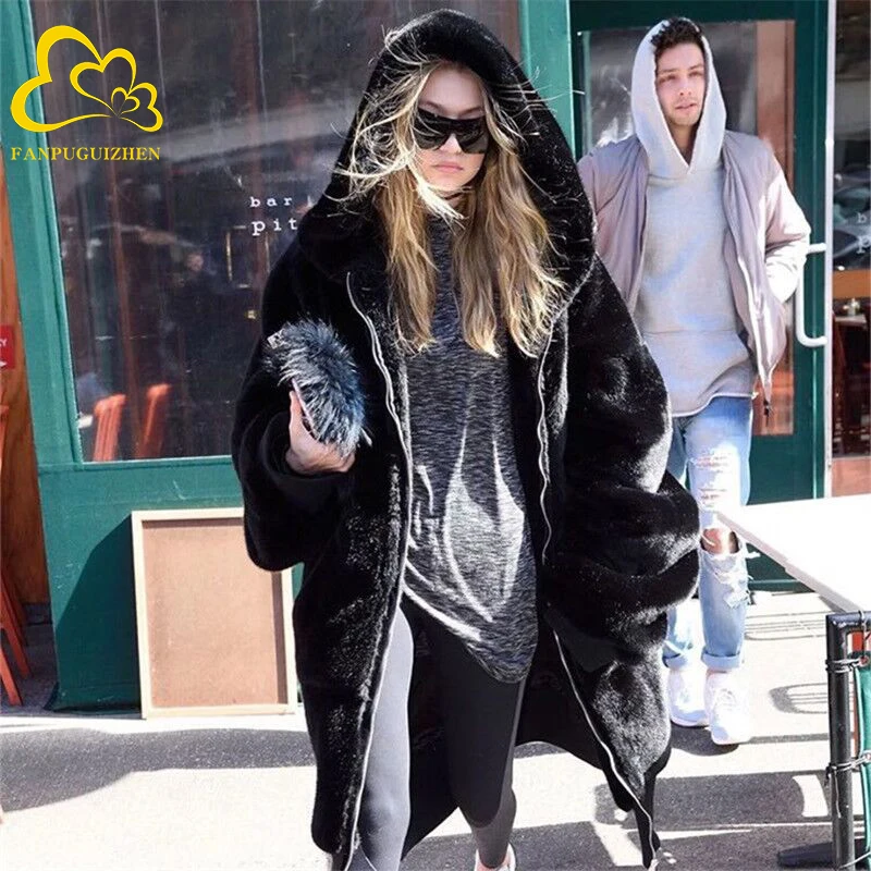 Thickened Faux Mink Coat Women Winter Clothes New Jacket Version Loose Imitation Rabbit Fur Plush Hooded Fur Coat